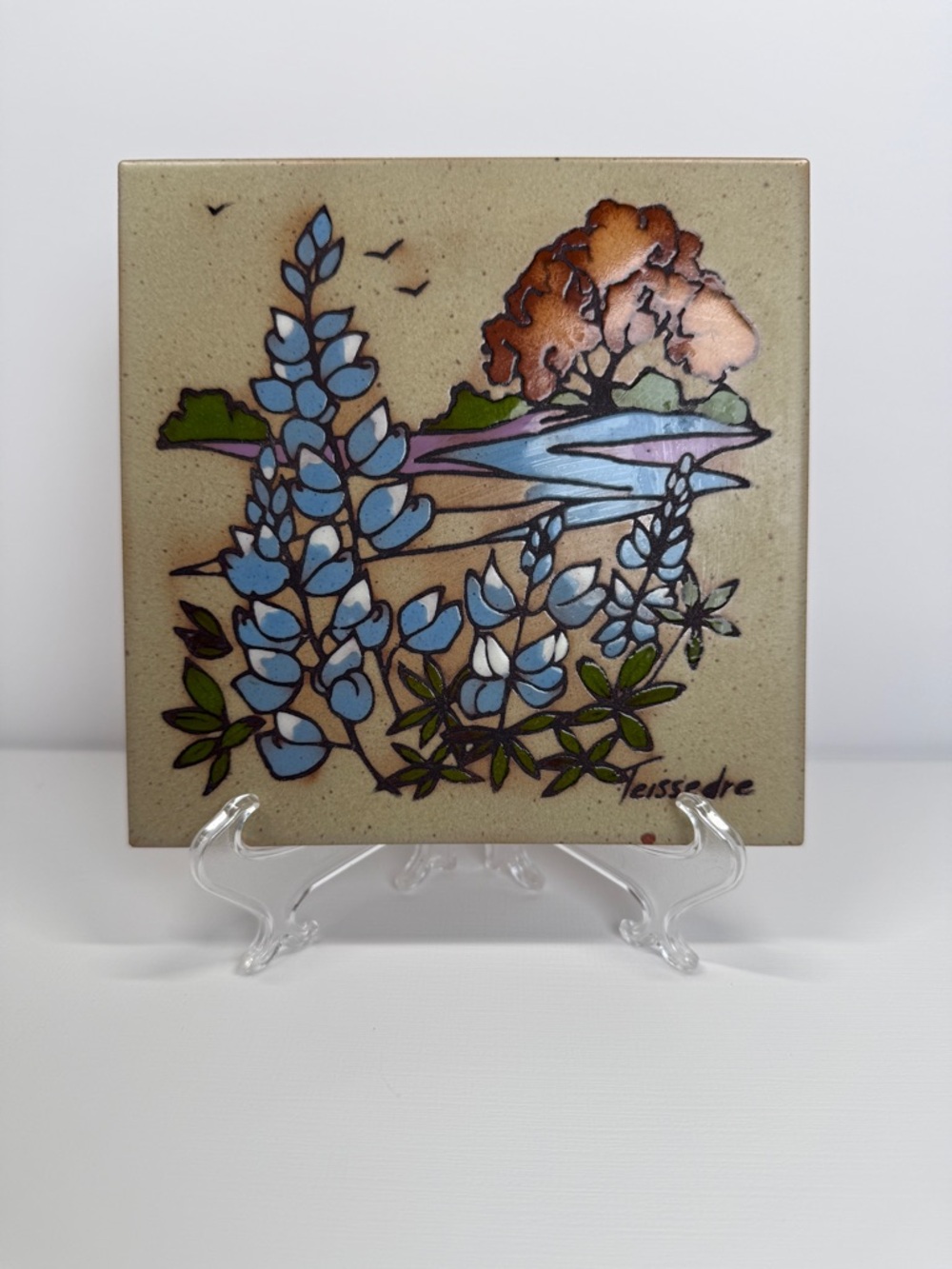 Hand-Painted Bluebonnet Floral Ceramic Art Tile - Teissedre Designs